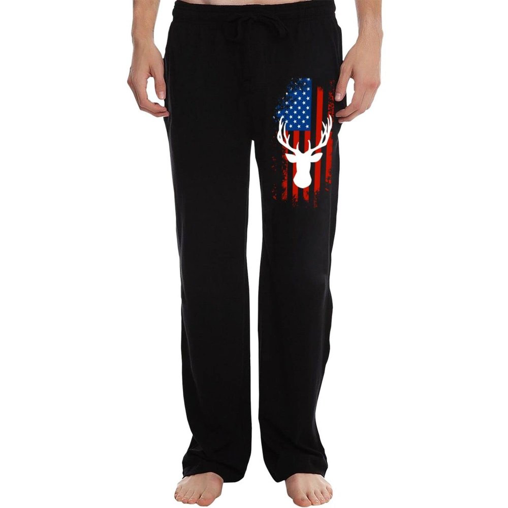 Americana Flag Deer Men's Cotton Yoga Sweatpants Open Bottom Joggers Straight Leg Running Casual Loose Fit Athletic Pants with Pockets Black Large