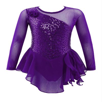 winying Girls Mock Neck Long Sleeves Tulle Splice Cut Out Back Roller Ice Figure Skating Dress Ballet Dancewear Purple b 6 Years