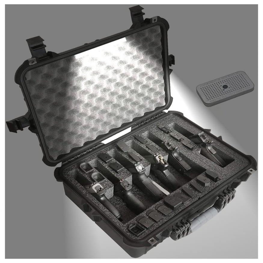 Case Club 6 Pistol and 27 Magazine with Emergency Light - Pre-Cut Heavy Duty Waterproof Case comes with Included Silica Gel Canister to Help Prevent Gun Rust (Lighted)