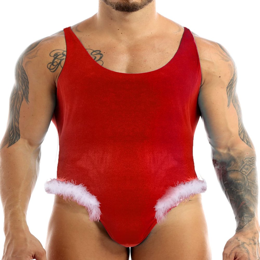 ACSUSS Mens Soft Velvet Christmas Lingerie Racer Back Leotard Wrestling Singlet Bodysuit with Bowtie 3# Red 3X-Large
