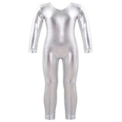 easyforever Kids Girls Shiny Metallic Camisole Leotard Ballet Dance Workout Full Length Unitard Jumpsuit Silver Long Sleeves 12 Years