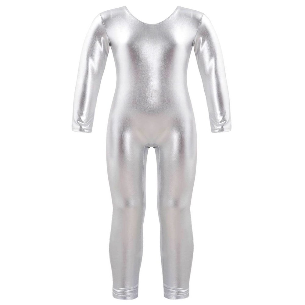 easyforever Kids Girls Shiny Metallic Camisole Leotard Ballet Dance Workout Full Length Unitard Jumpsuit Silver Long Sleeves 12 Years