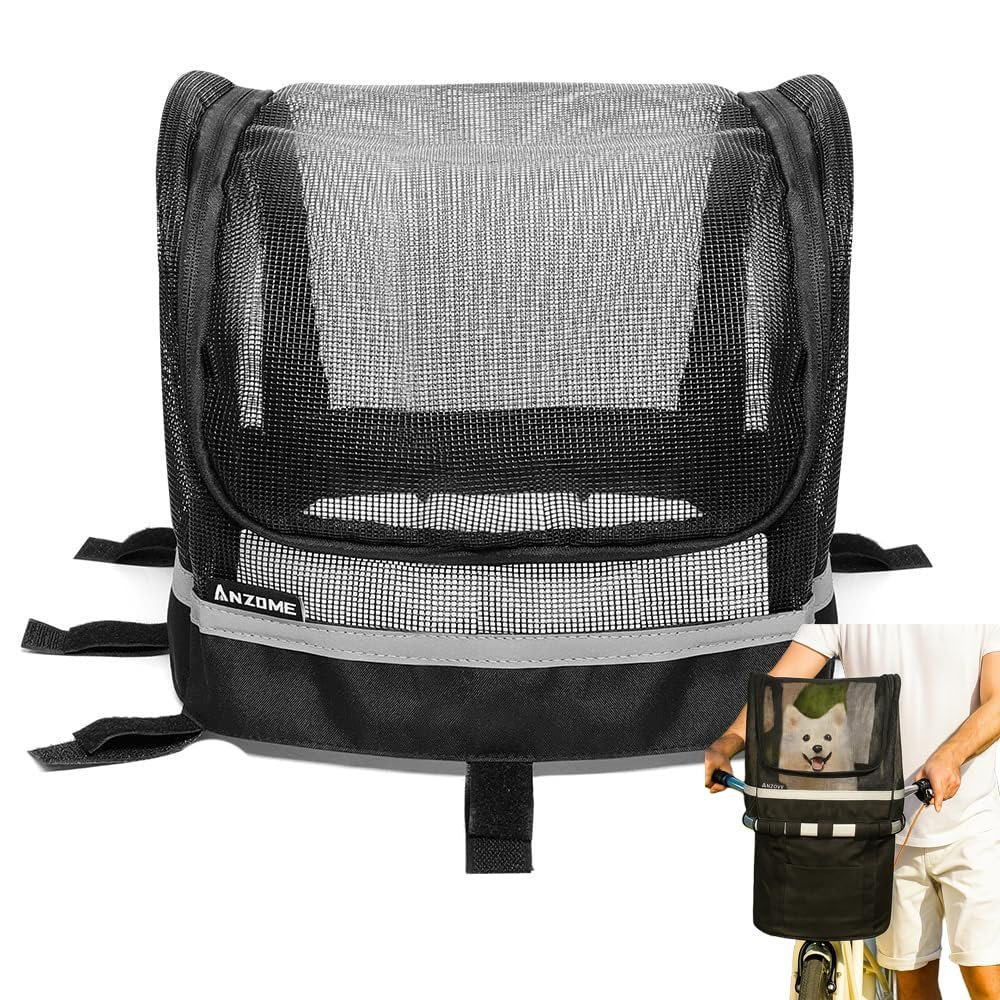 ANZOME Dog Bike Basket Cover, Breathable Mesh Pet Carrier Cover for Small Pets, Secure Velcro Straps, Reflective Safety Strip, Easy Install for Bicycle Front Basket 12.9L8.6W (Basket Not Included)