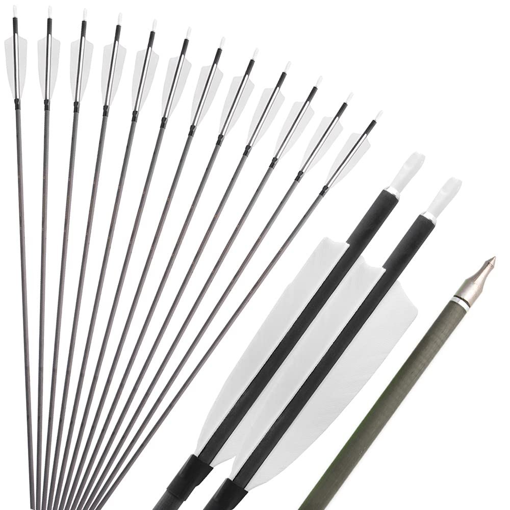 ZSHJGJR Archery Carbon Arrows 400 Spine Practice Target Hunting Arrows 33 inch for Recurve Bow Compound Bow with Removable Tips for Archery Bow Hunting Target Shooting Practice6/12pcs (12pcs, White)