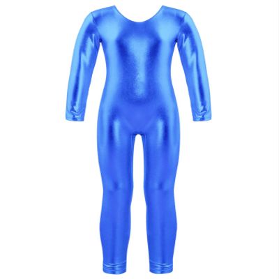 easyforever Kids Girls Shiny Metallic Camisole Leotard Ballet Dance Workout Full Length Unitard Jumpsuit Royal Blue Long Sleeves 12 Years