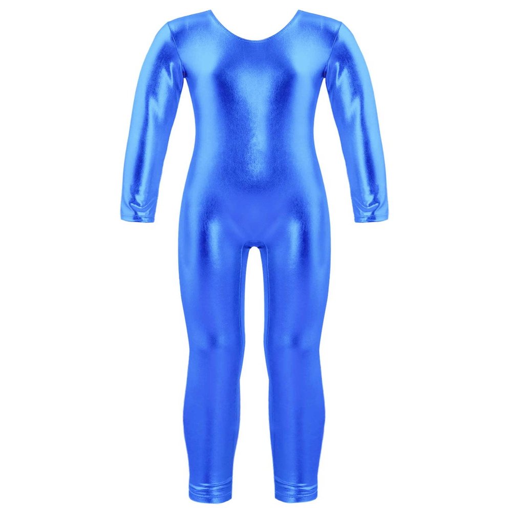 easyforever Kids Girls Shiny Metallic Camisole Leotard Ballet Dance Workout Full Length Unitard Jumpsuit Royal Blue Long Sleeves 12 Years