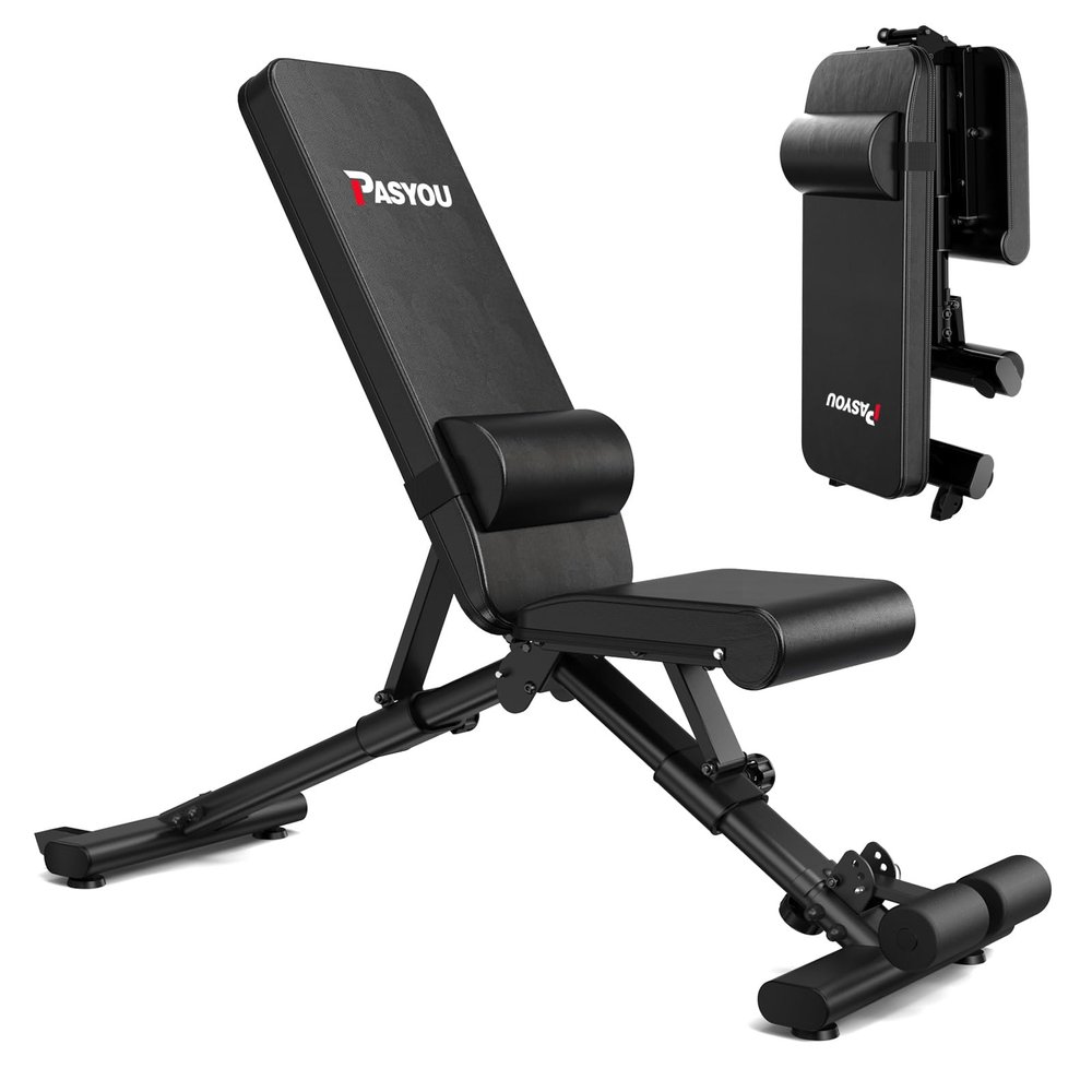 PASYOU Adjustable Weight Bench for Home Gym, Foldable Strength Training Bench with 880 lb Capacity, Incline Decline Flat Positions with Lumbar Support, Compact Workout Bench for Small Spaces
