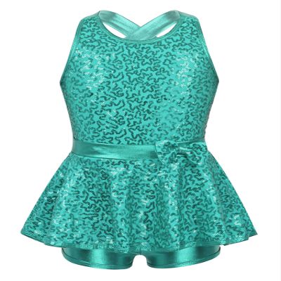 Agoky Girls Sequined Ballet Hip-Hop Jazz Latin Modern Tap Dress Street Stage Performance Costume Lake Green 13-14
