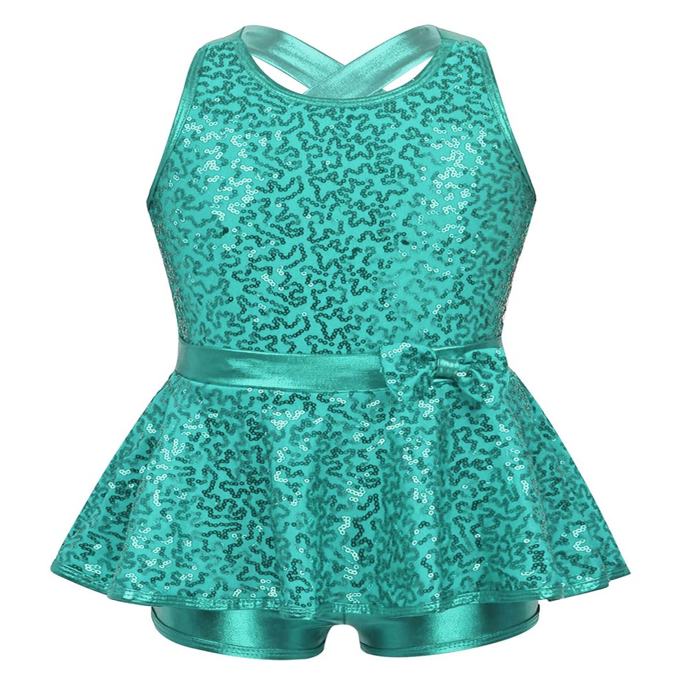 Agoky Girls Sequined Ballet Hip-Hop Jazz Latin Modern Tap Dress Street Stage Performance Costume Lake Green 13-14