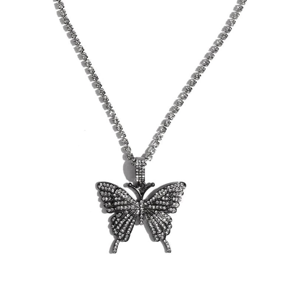 Asphire Sparking Rhinestone Butterfly Pendant Necklace Iced Out Butterfly Tassel Choker Necklaces Set Punk Shinny Tennis Chain Necklace for Women (Black)