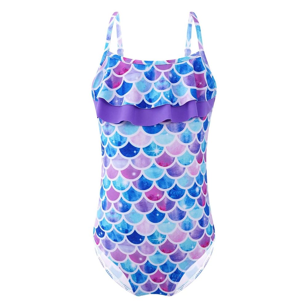 Hedmy Kids Girls One-Piece Mermaid Spaghetti Straps Swimsuit Criss Cross Bikini Swimwear Bathing Suits Colorful Fish Scales 6 Years