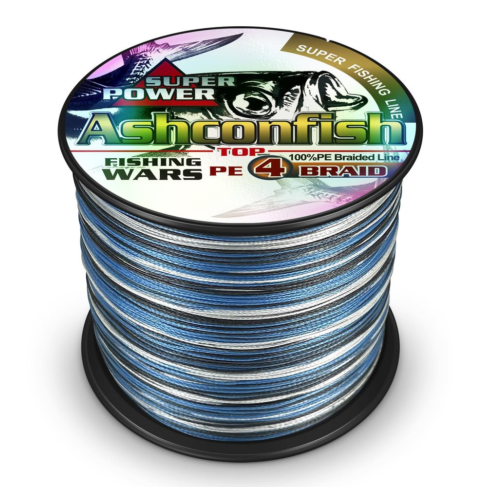 Ashconfish Braided Fishing Line- 4 Strands Super Strong PE Fishing Wire Heavy Tensile for Saltwater & Freshwater Fishing -Abrasion Resistant - Zero Stretch- 1000M/1093Yds 50LB Blue Camouflage