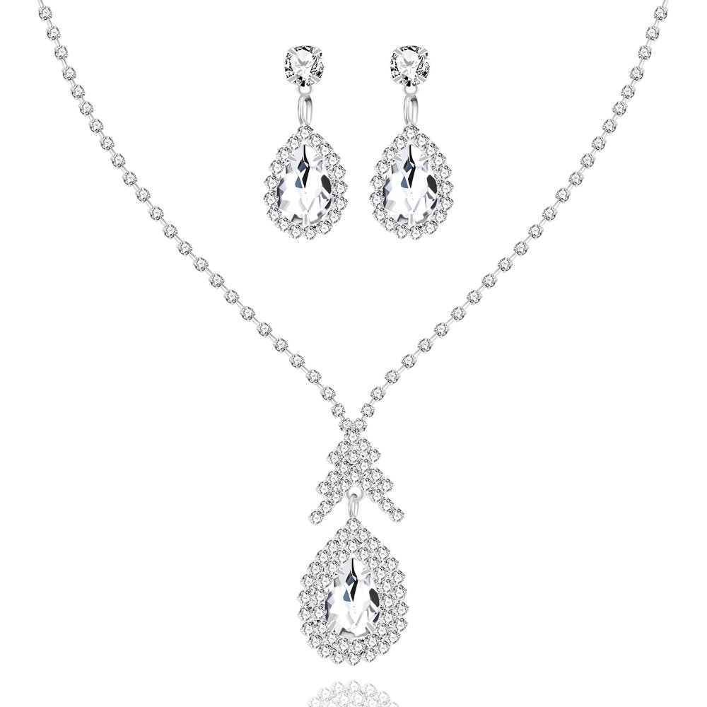 Uloveido Teardrop Necklace and Stud Dangle Earrings, Crystal Rhinestone Bridal Bridesmaid Jewelry Set, with Thank You Cards Y1658