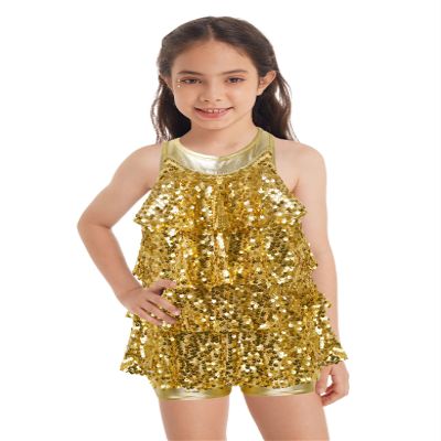 Fldy Kids Girls Shiny Sequins Leotard Dress Backless Dance Performance Costume for Hip Hop Jazz Stage Recital Gold 10 Years