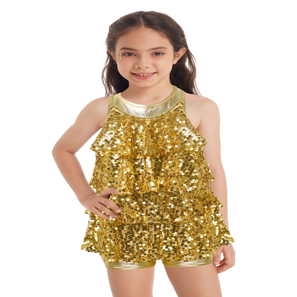 Fldy Kids Girls Shiny Sequins Leotard Dress Backless Dance Performance Costume for Hip Hop Jazz Stage Recital Gold 10 Years