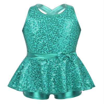 Aislor Kids Girls Sequined Cross Back Waist Bowknot Jazz Hip Hop Modern Dance Dresses Leotards for Stage Performance Lake Green a 6 Years