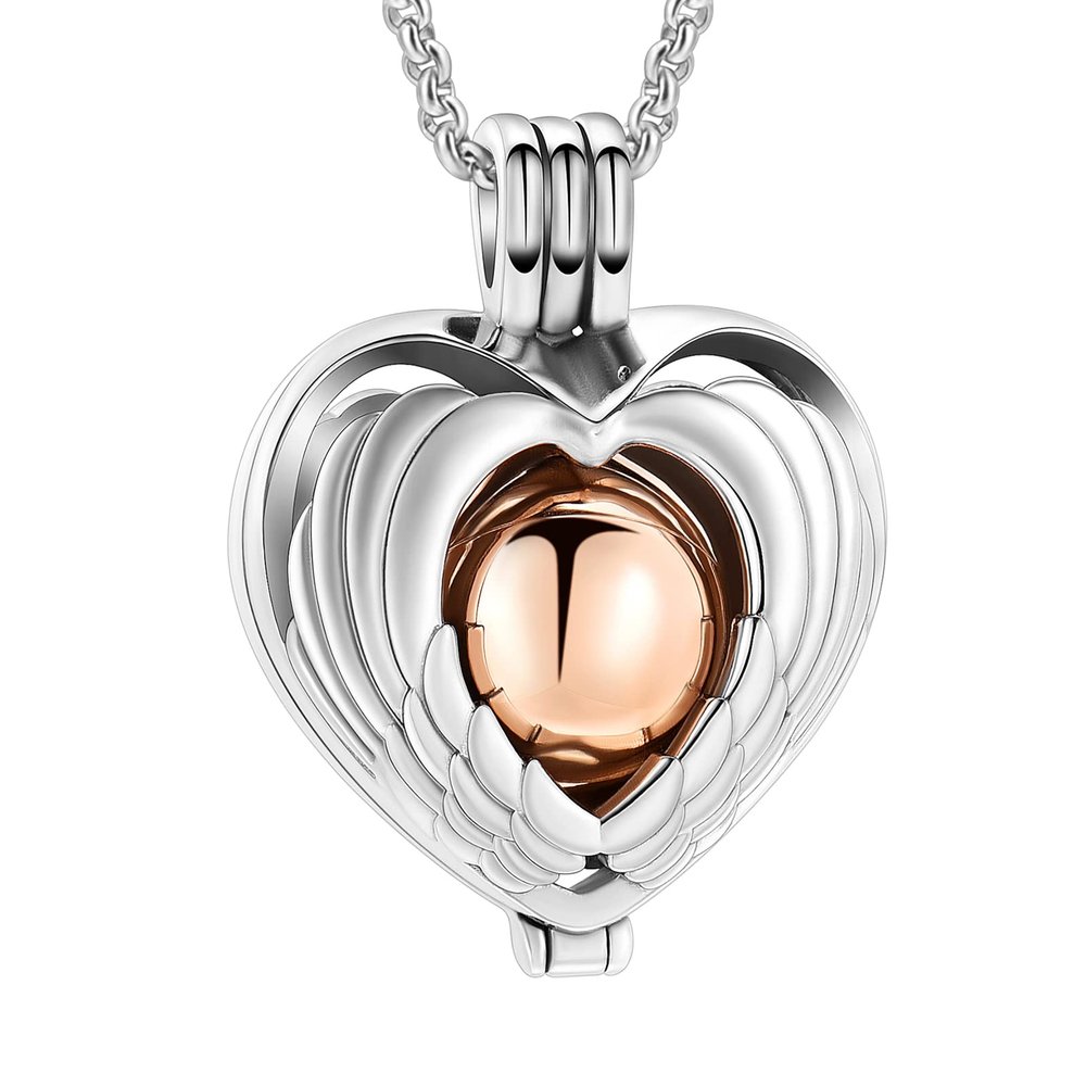 Cremation Jewelry Memories Lockets Urn Necklace for Ashes for Women Men Heart with Angel Wing Keepsake Hollow Ball Urn Pendant for Human Pet Ashes, Rose Gold