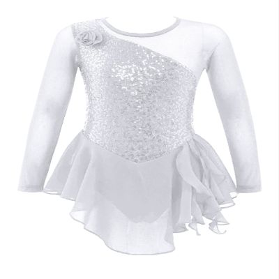 Agoky Kids Girls Sequins Figure Ice Skating Dress Hollow Back Mesh Gymnastics Leotard Wrap Skirt Ballet Lyrical Dance Costume White 12 Years