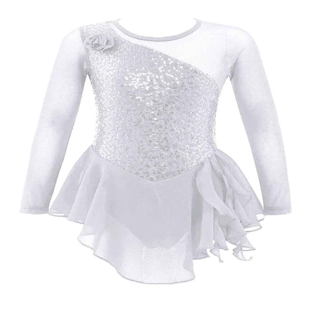 Agoky Kids Girls Sequins Figure Ice Skating Dress Hollow Back Mesh Gymnastics Leotard Wrap Skirt Ballet Lyrical Dance Costume White 12 Years