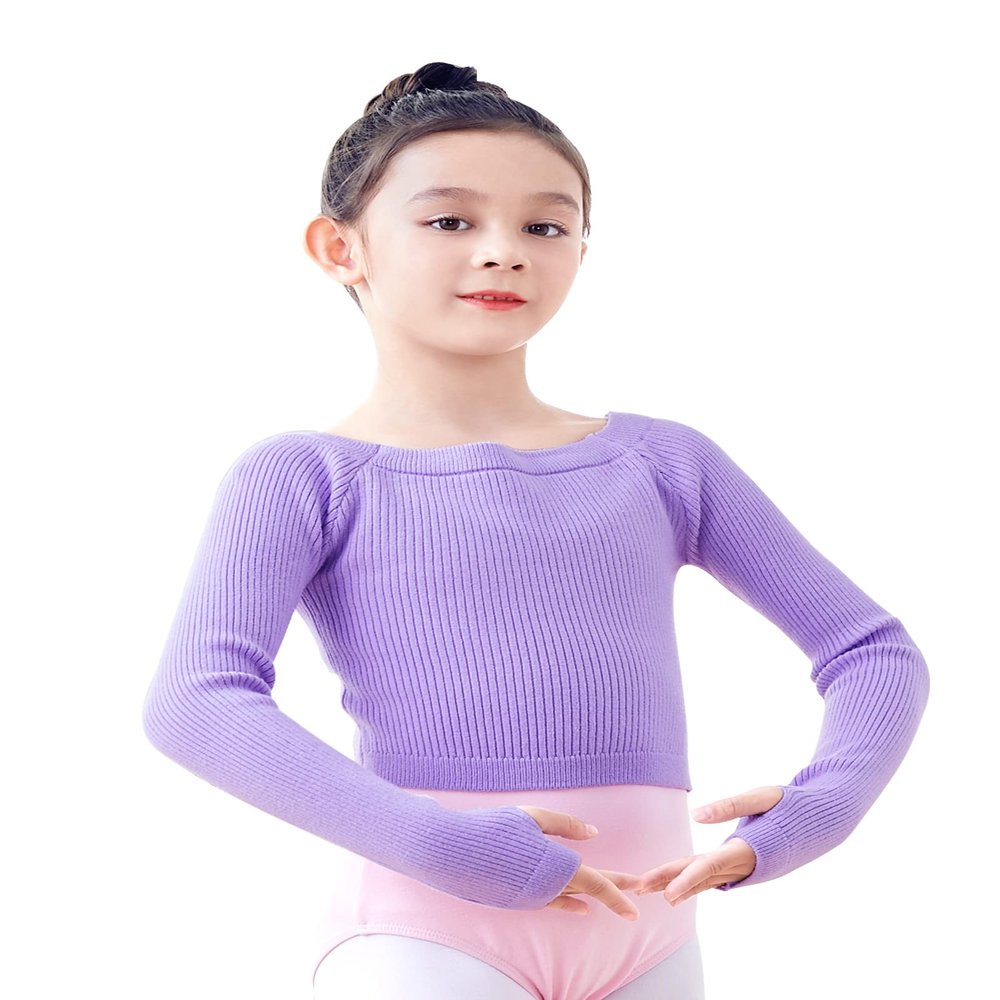 Daydance Knit Light Purple Girls Ballet Sweaters Pullover Boat Neck Dance Crop Top for Leotards