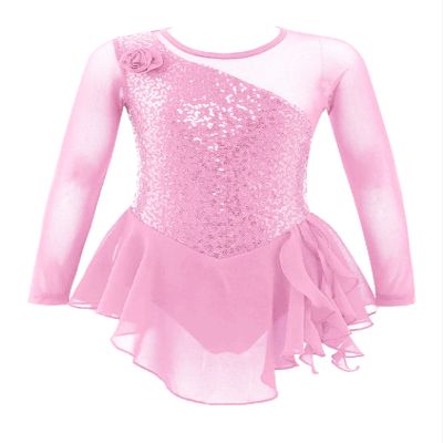 Agoky Kids Girls Sequins Figure Ice Skating Dress Hollow Back Mesh Gymnastics Leotard Wrap Skirt Ballet Lyrical Dance Costume Pink 4 Years