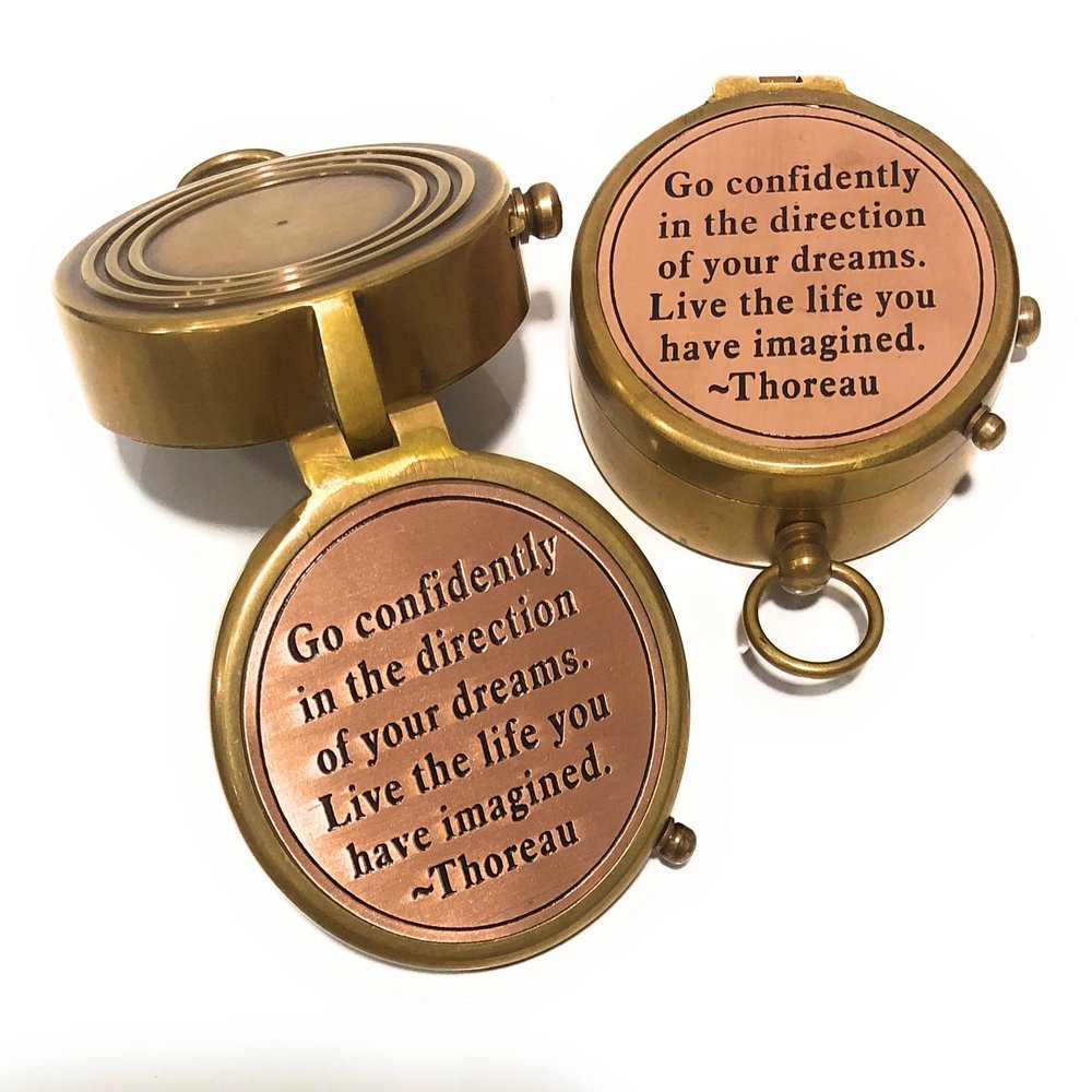 Brass Compass Engraved with Thoreau's Go Confidently Quote and Stamped Leather Case, Boys Gifts
