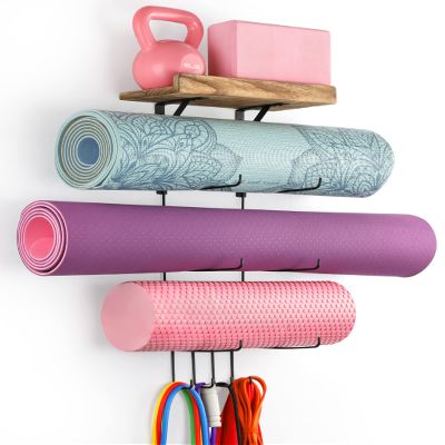 VINAEMO Yoga Mat Holder Accessories Wall Mount Organizer Storage Decor Foam Roller and Towel Storage Rack with 4 Hooks and Wooden Shelves Yoga Mats Rack Resistance Bands for Home Gym School Office
