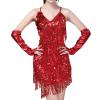 ABAFIP Women Halter Fringe Sequin Tassel Latin Tango Salsa Rumba Stage Ballroom Flapper Dress with Gloves Set Red One Size view 1