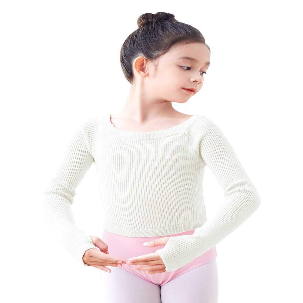 Daydance Long Sleeve White Boat Neck Girls Pullover Sweater for Dance, Ballet, Performance, Work Out in Winter