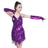ABAFIP Women Halter Fringe Sequin Tassel Latin Tango Salsa Rumba Stage Ballroom Flapper Dress with Gloves Set Purple One Size view 2