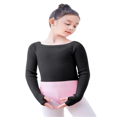 Daydance Knit Black Girls Ballet Sweaters Pullover Boat Neck Dance Crop Top for Leotards, A Size Up