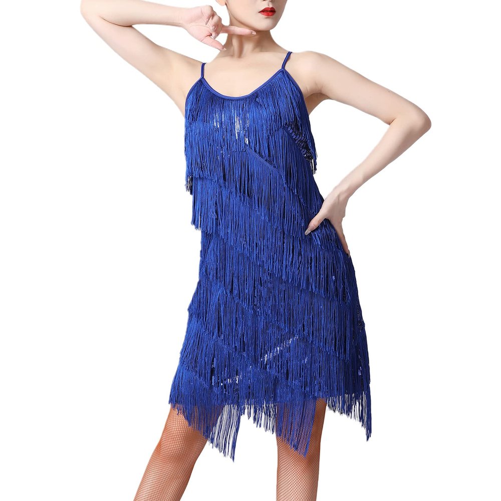 ABAFIP Womens Sequin Tassel Dance Costume Dress Glitter Sparkle Latin Salsa Dress Ballroom Dancewear Royal Blue Medium