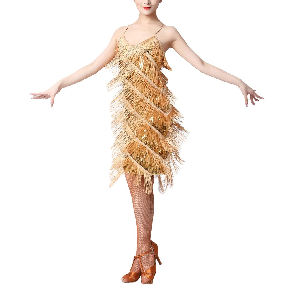 ABAFIP Womens Sequin Tassel Dance Costume Dress Glitter Sparkle Latin Salsa Dress Ballroom Dancewear Gold Large