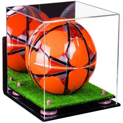 Better Display Cases Acrylic Display Case for Collectibles, Full Size Soccer Ball Display Case,Pink Risers & Turf Base, WM,Handcrafted Showcase Box.DIM;9.75" L x 9.75" W x 9.75" H. (B02/A027)