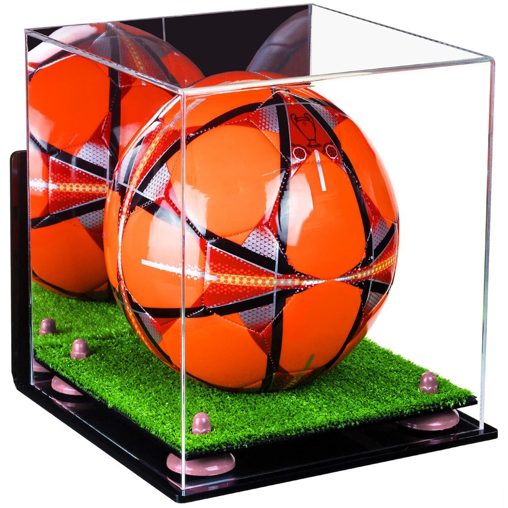 Better Display Cases Acrylic Display Case for Collectibles, Full Size Soccer Ball Display Case,Pink Risers & Turf Base, WM,Handcrafted Showcase Box.DIM;9.75" L x 9.75" W x 9.75" H. (B02/A027)