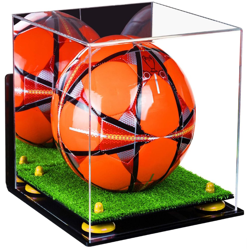 Better Display Cases Acrylic Display Case for Collectibles, Full Size Soccer Ball Display Case,Yellow Risers & Turf Base,WM, Handcrafted Showcase Box.DIM;9.75" L x 9.75" W x 9.75" H.(B02/A027)
