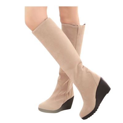 Bcshiye Womens Knee High Wedge Heel Boots Suede Winter Fur Lined Boots Slip On Round Toe Snow Warm Booties