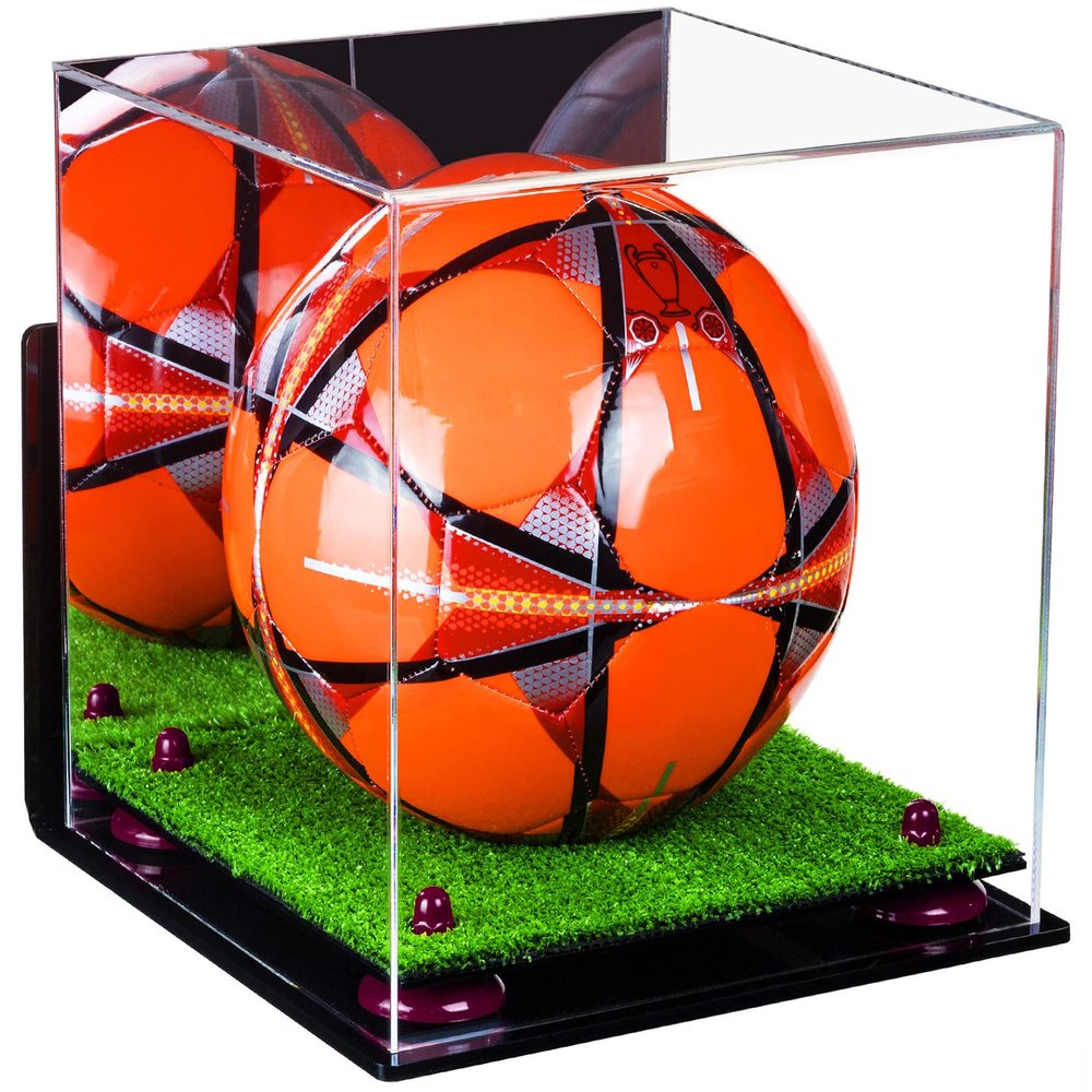 Better Display Cases Acrylic Display Case for Collectibles, Full Size Soccer Ball Display Case,Purple Risers & Turf Base,WM, Handcrafted Showcase Box.DIM;9.75" L x 9.75" W x 9.75" H. (B02/A027)