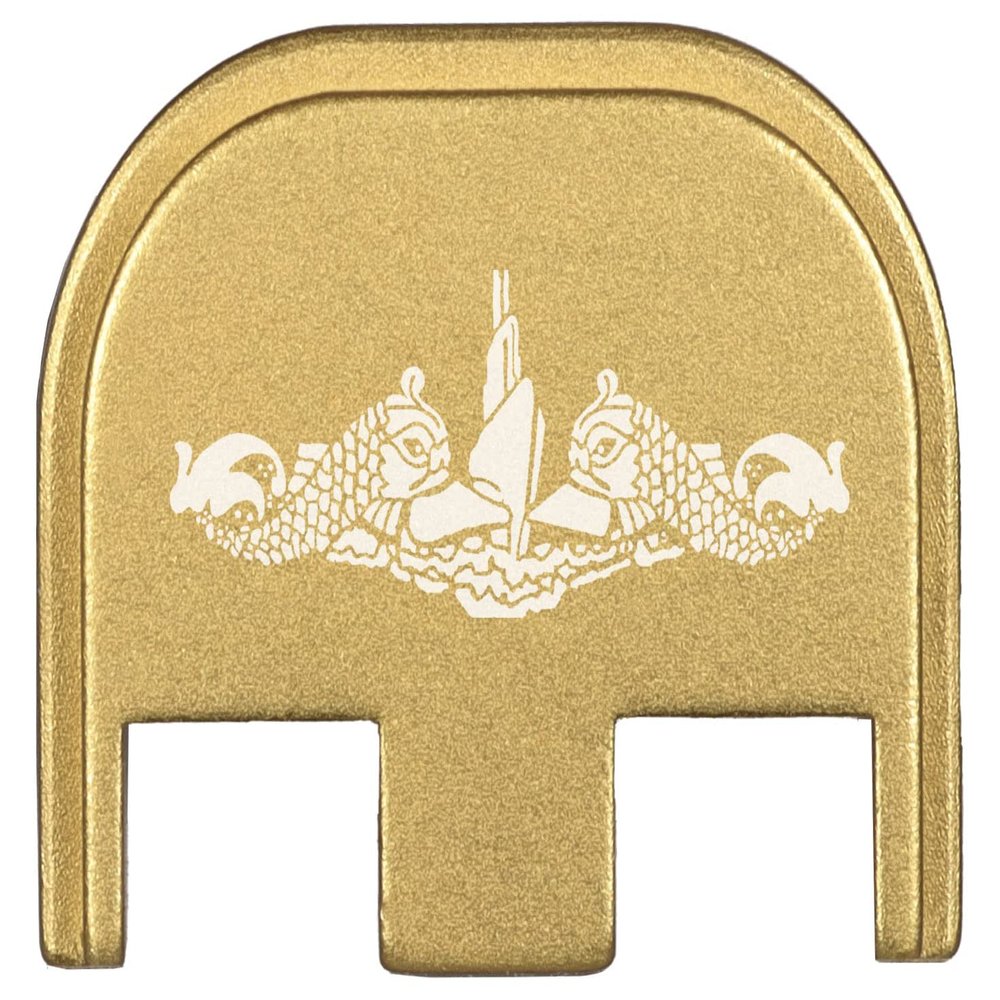 NDZ Performance Rear Slide Cover Plate for Glock 17 19 19X 20 21 22 23 26 27 34 45 & 47 49 Gen 5 9MM .40 S&W Laser Engraved Aluminum in Gold, Made in The USA - Submarine Warfare Insignia