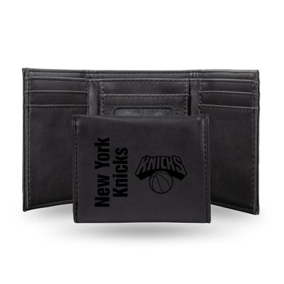 Rico Industries NBA New York Knicks Men's Trifold Black Wallet - Premium 9 Pocket Laser-Engraved Team Logo on Vegan Leather - Minimalist Design, ID Window, Credit Card Holder - Ideal Men's Gift