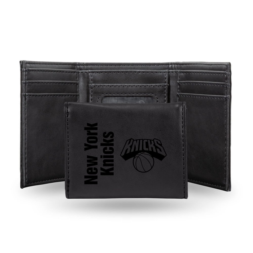 Rico Industries NBA New York Knicks Men's Trifold Black Wallet - Premium 9 Pocket Laser-Engraved Team Logo on Vegan Leather - Minimalist Design, ID Window, Credit Card Holder - Ideal Men's Gift