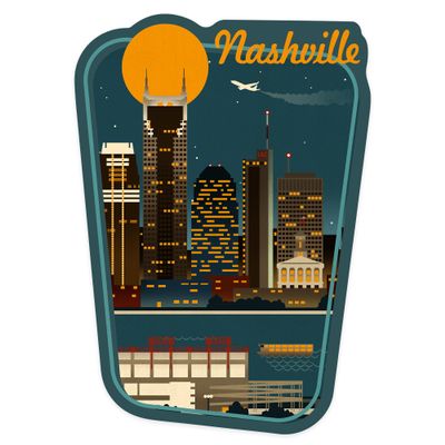 Die Cut Sticker Nashville, Tennessee, Retro Skyline, Vinyl Sticker, (Waterproof Decal for Cars, Water Bottles, Laptops, Coolers), Large
