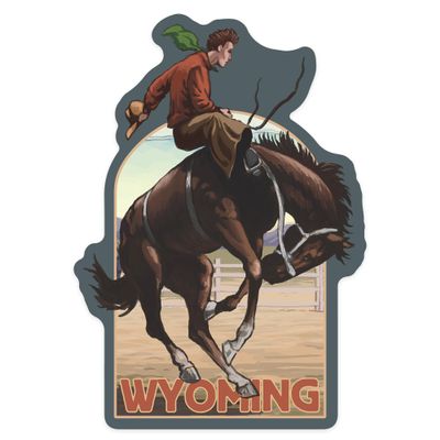 Lantern Press Sticker Wyoming, Cowboy and Bronco Scene, Die Cut Vinyl, (Waterproof Decal for Cars, Water Bottles, Laptops, Coolers), Small