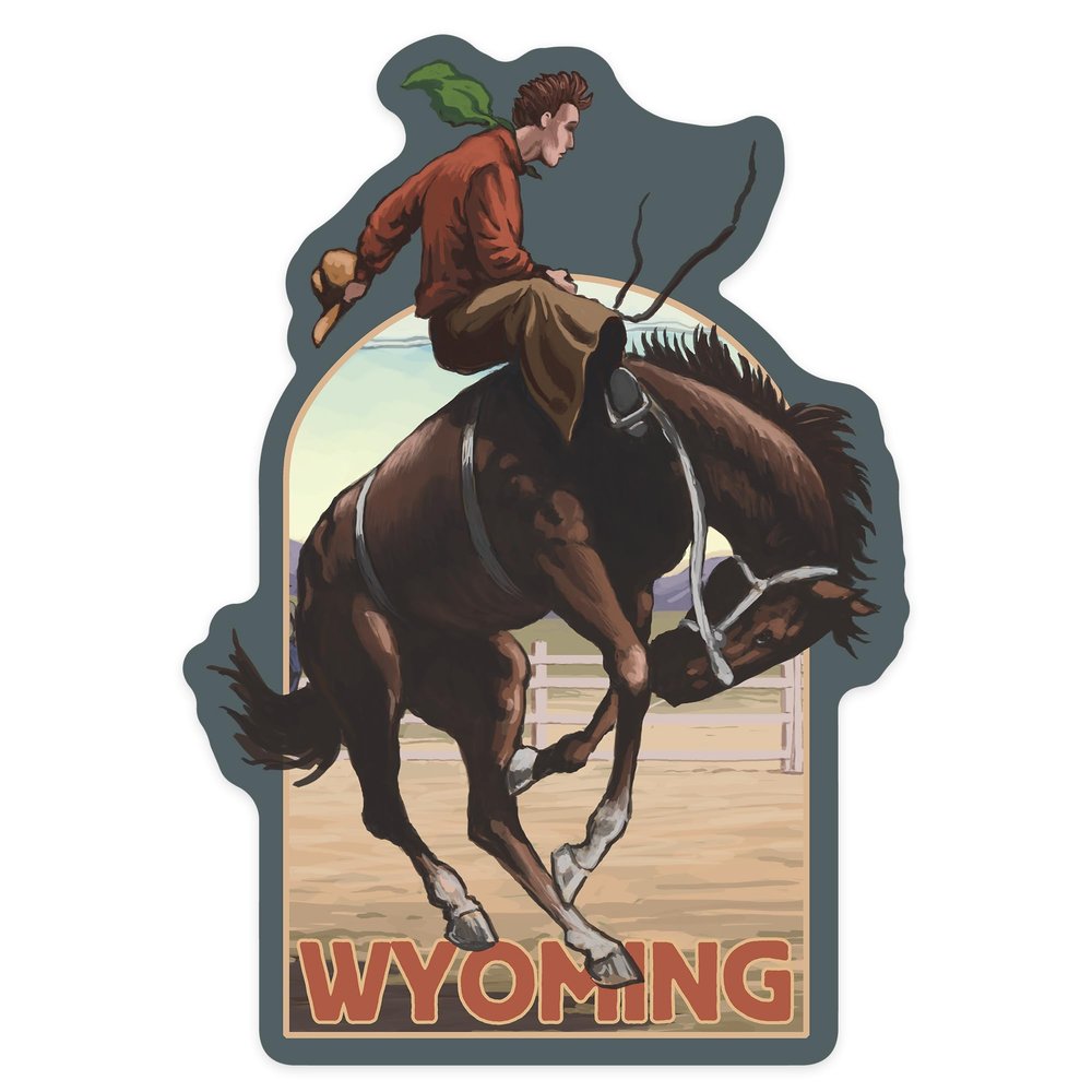 Lantern Press Sticker Wyoming, Cowboy and Bronco Scene, Die Cut Vinyl, (Waterproof Decal for Cars, Water Bottles, Laptops, Coolers), Small