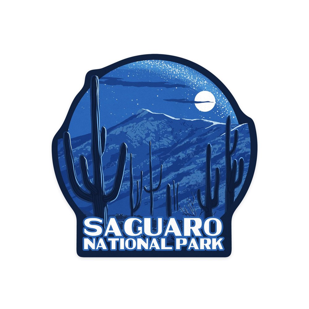 Lantern Press Sticker Saguaro National Park, Arizona, Rincon Peak, Night Sky, Die Cut Vinyl, (Waterproof Decal for Cars, Water Bottles, Laptops, Coolers), Small