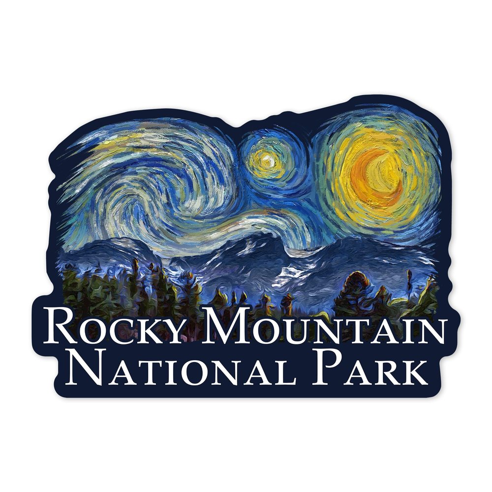 Lantern Press Sticker Rocky Mountain National Park, Colorado, Starry Night National Park Series, Die Cut Vinyl, (Waterproof Decal for Cars, Water Bottles, Laptops, Coolers), Small