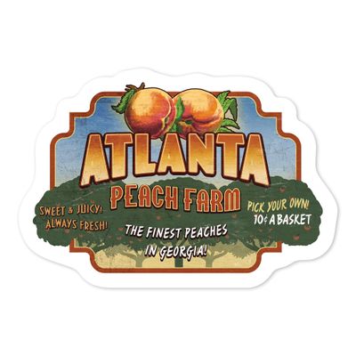 Lantern Press Sticker Atlanta, Georgia, Peaches Vintage Sign, Die Cut Vinyl, (Waterproof Decal for Cars, Water Bottles, Laptops, Coolers), Small
