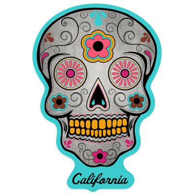 Die Cut Sticker California, Day of The Dead, Sugar Skull, Teal Vinyl Sticker, (Waterproof Decal for Cars, Water Bottles, Laptops, Coolers), Large