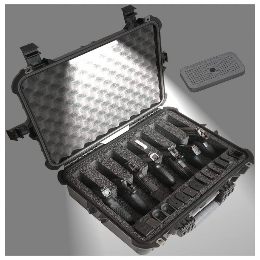 Case Club 7 Pistol and 21 Magazine with Emergency Light - Pre-Cut Heavy Duty Waterproof Case with Included Silica Gel Canister to Help Prevent Gun Rust (Lighted)
