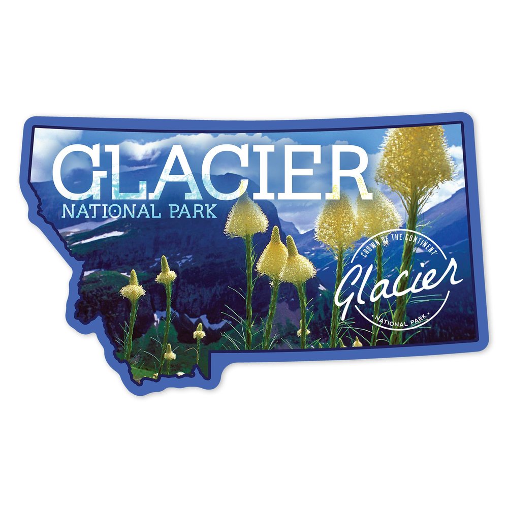Lantern Press Sticker Glacier National Park, Montana, Beargrass in Bloom (Badge), Photography Die Cut Vinyl, (Waterproof Decal for Cars, Water Bottles, Laptops, Coolers), Small